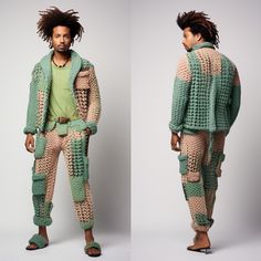 "* This is what happens when you tell your knitting team \"knit something cool, something futuristic\" and here we go! You can wear these Green Crochet Cardigan or if you are stylish enough, anywhere! * Crafted using a combination of crocheting and patchworking techniques.  * It's a great gift; it's probably suitable for festivals and Burning Man and as a great gift for boyfriends and husbands! SIZE and MEASUREMENTS - The model in the picture is wearing L size. The model is 1.90 and 78 kilos. PERSONALIZATION - Note that everything at Smyrna Collective is handmade individually by our creators. So we can do any Size / Design / Color customization that you like! Extra charge difference is applied for orders over L size. CARE - All items should be washed with cold or warm water on hand or wash Granny Square Pants, Patchwork Trousers, Handmade Cardigan, Cardigan Handmade, Crochet Pants, Cardigan Green, Square Pants, Cardigan Crochet, Crochet Jacket