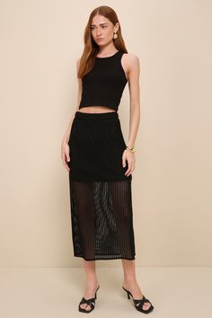 We love spending sunny days soaking up compliments in the Lulus Never-Ending Vibes Black Crochet High-Rise Midi Skirt! Loose crochet knit, atop a matching woven liner, shapes this summery skirt with an elasticized, banded waist that shapes a high-rise fit. The figure-skimming silhouette falls to a sheer lower half that finishes at a modern midi hem. Pair with your favorite crop tops for a festival-ready vibe! Fit: This garment fits true to size. Length: Mid-calf length. Size medium measures 33" Loose Crochet, Knit Midi Skirt, Girl Needs, Black Midi Skirt, Black Crochet, Knit Midi, Bottom Clothes, Black Rib, Knit Skirt