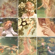 many different pictures of people in water with flowers and butterflies on their backs, some holding fish