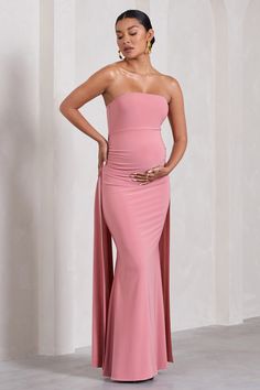 Pink Strapless Bridesmaid Gown, Strapless Pink Bridesmaid Gown, Pink Floor-length Strapless Bridesmaid Dress, Pink Strapless Maxi Dress For Bridesmaids, Strapless Pink Maxi Dress For Prom, Pink Strapless Maxi Dress For Prom, Pink Maxi Maternity Dress, Pink Strapless Prom Maxi Dress, Pink Maxi Length Maternity Dress