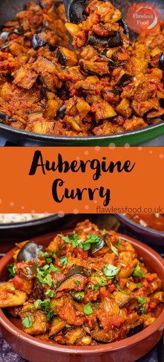 an image of some food that is in a bowl and the words aubergine curry above it