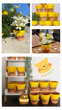 yellow flower pots with winnie the pooh stickers on them and some daisies