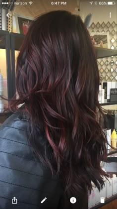 Dark Red Low Lights For Brown Hair, Mohagany Hair Color With Highlights, Dark Balayage Red Tones, Dark With Red Hair, Red And Blonde Highlights On Dark Hair Fall Brunettes, Dark Red Glaze Hair, Red Tone Brunette Hair, Dark Brown Hair With Merlot Highlights, Burgundy Hair Balayage Brown