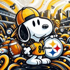 a painting of a snoopy dog holding a football in front of a cityscape