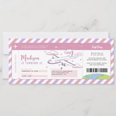 a pink and white ticket with an airplane in the sky on it's side