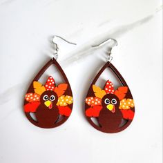 Fall Thanksgiving Dangle Earrings For Women. Adorable For The Holidays Or Gift Measurements W 1.37 H 2.95in Laser Cut Earrings, Cut Earrings, Fall Jewelry, Wooden Earrings, Earrings Color, Orange Brown, Fall Thanksgiving, Brown Orange, Custom Creations