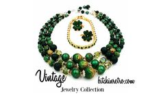 Vintage jewelry lot including triple stranded green beaded necklace marked Japan, an emerald green tennis bracelet and shamrock earrings from Avon. Available at bitchinretro.com. Festive Green Vintage Jewelry, Antique Green Jewelry With Vintage Charm, Shamrock Jewelry, Vintage Shamrock, Vintage Hallmarked Green Earrings, Cheap Green Jewelry For St. Patrick's Day, Four Leaf Clover Jewelry Vintage, Shamrock Earrings