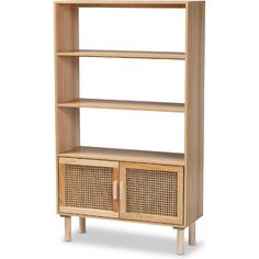 a wooden shelf with wicker doors and drawers