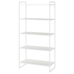 a white shelving unit with four shelves on each side and one shelf in the middle