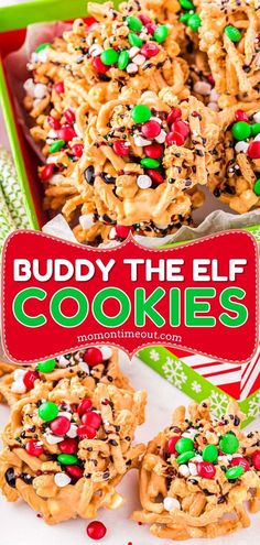 Over the top Buddy the Elf Cookies take your classic Haystacks recipe and add all the toppings you would expect from Buddy! Better than your average North Pole treat, these easy no bake Elf Cookies are a total showstopper and perfect for movie night, Christmas cookie trays and holiday parties! Elf Theme Snacks, Elf Snacks Parties Food, Elf With Cookies, Buddy The Elf Dessert Ideas, Buddy Elf Cookies, Kids Christmas Movie Night Ideas, Elf Christmas Party Food, Christmas Treat Exchange Ideas, Buddy The Elf Snacks