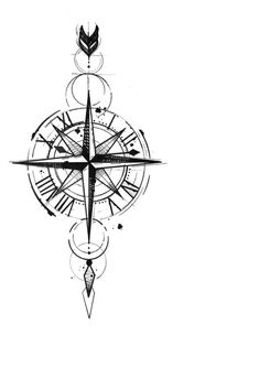 a black and white drawing of a compass