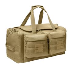 the large duffel bag is tan and has multiple compartments