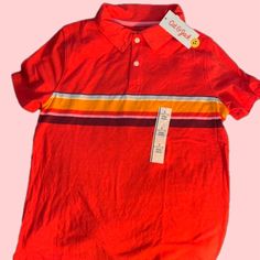 Nwt Red Collared Polo Tee Shirt Two Buttons Orange White Brown Stripe Across The Chest Cat&Jack Size L (10/12) Playful Red Tops For Summer, Playful Red Summer Tops, Multicolor Collared Cute Tops, Cute Multicolor Collared Tops, Cute Red Cotton Top, Red Cotton School T-shirt, Cute Red T-shirt For School, Playful Fitted Red Tops, Playful Red T-shirt For Spring