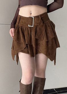 New Brown Asymmetrical Sashes Patchwork Faux Suede Skirt FallFabric: Faux SuedeSize & Fit: This garment fits true to size.Length: Size S measures 13.26"from waist to hem.Waist:Fitted - very fitted at natural waist Hip: Loosely Fitted. room for hips. Hand Wash Cold. Above Knee Skirt, Preppy Fabric, Layer Skirt, Street Y2k, Faux Suede Skirt, Knee Skirt, Linen Cardigan, Summer Cardigan, Vintage Preppy