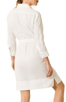 A hidden-button half placket subtly elevates this breezy linen shirtdress featuring a removable tie belt and roll-tab cuffs for easy adjustments all day long. 38" length Hidden-button half placket Spread collar Three-quarter sleeves with roll-tab cuffs Chest patch pockets Removable tie belt Side slits Unlined 100% linen Machine wash, line dry Imported Elegant Vacation Shirt Dress With Button Closure, Elegant Summer Shirt Dress With Rolled Sleeves, Elegant Belted Linen Dress For Work, White Elegant Shirt Dress With Tie Waist, Elegant Vacation Shirt Dress With Relaxed Fit, Linen Shirt Dress With Button Closure For Vacation, Chic Linen Shirt Dress For Vacation, Chic Linen Shirt Dress With Button Cuffs, Elegant Relaxed Fit Shirt Dress For Vacation