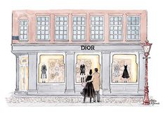 Fashion illustration of the Dior store in Amsterdam. Window Display Illustration, Bloxburg Market, Dior Artwork, Dior Illustration, Aquarelle Ideas, Sketch Collage, Store Illustration, Sims4 House, Dior Store