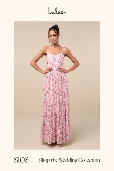 a woman in a pink dress is standing with her hands on her hips and the caption says, shop the wedding collection