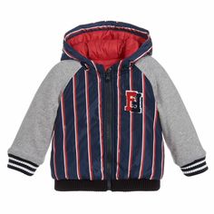 Brand new with tags authentic Fendi Baby Boys adorable jacket Both sporty and stylish, this boys lightly padded varsity style jacket is designed by Fendi. Inspired by the menswear collection, the jacket combines grey jersey sleeves, with a silky feel striped body and hood, with an 'FF' logo appliqué at the chest. There is a strong zip to fasten, with ribbed cuffs and hem for a snug fit. Front panels: 100% polyamide Jersey sleeves: 95% cotton jersey, 5% elastane Lining: 100% polyamide Machine was Fendi Kids, Logo T Shirts, Varsity Style, Striped Jacket, Cute Jackets, Boy Blue, Baby & Toddler Clothing, Grey Stripes