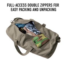 an open bag with clothes in it and the words full - access double zippers for easy packing and unpacking