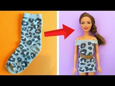 a barbie doll next to a pair of leopard print socks with an arrow pointing up