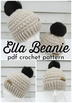 three photos of a crochet beanie hat with two pom poms