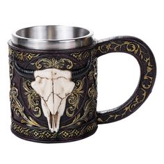 5 Stainless Steel Resin Mug - Bull Skull - Magick Magick.com Retro Pub, Dragon Medieval, Nordic Symbols, Marvel Mug, Skull Pirate, Medieval Dragon, Viking Skull, Geek Decor, Dragon Knight