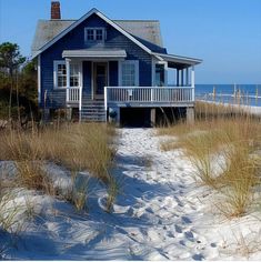 a small blue house sitting on top of a sandy beach next to the ocean with tall grass