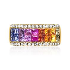 Ross-Simons - 2.80ct t. w. Multicolored Sapphire, .35ct t. w. Diamond Ring Size 8. Happiness...in a high-end style! Our bright and beautiful gemstone ring features 2.80 ct. t. w. square multicolored sapphires in a dazzling double-row design. Finely crafted in polished 14kt yellow gold with .35 ct. t. w. round brilliant-cut diamonds bordering the top and bottom. 3/8" wide. Diamond and multicolored sapphire ring. Fine Jewelery, Bright And Beautiful, Round Brilliant Cut Diamond, Gemstone Ring, Round Brilliant, Sapphire Ring, Diamond Ring, Gemstone Rings, Jewelry Rings