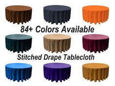 round tablecloths with different colors available for each color and size are shown in the above image