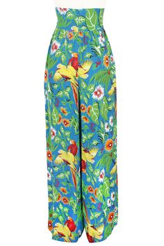 Drinking cocktails in your backyard or strolling the botanical gardens, our Jungle Parrot collection will give you all the vacation vibes! This colorful recreation of a 1940s tropical novelty print is in silky smooth flat rayon and fashioned into our most popular summer styles. Our 1940s style High Waist Pants feature a wide, fitted/topstitched waistband and gathered wide leg pants, making them flattering on any figure. These pants also include pockets for your day-to-day use! Fit Notes: Runs tr Jungle Parrot, Trashy Diva, 1940s Style, Fall Must Haves, Gardening Outfit, Vacation Vibes, Clothing And Textile, High Waist Pants, Antique Clothing