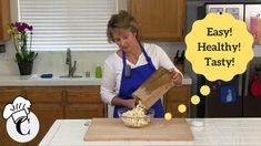 a woman in an apron is making food on a cutting board with the words easy healthy tasty