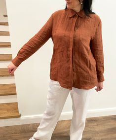 "Handmade 100% linen shirt. Made with love for You. *100% local medium weight linen *Each item is individually cut and sewn by order *The model is wearing size M, shirt color - Brown *Note that colors may look different on your display depending on their settings and technical characteristics. Please let us know if you need different measurements or colors. CARE *Machine wash up to 40 / 104F gentle cycle *Iron inside out at medium high *Do not bleach *Do not tumble dry MAKING TIME / SHIPPING: * Casual Linen Blouse With Pockets, Fall Linen Shirt With Pockets, Casual Long Sleeve Flax Blouse, Chic Everyday Linen Shirt, Flax Long Sleeve Relaxed Fit Blouse, Relaxed Fit Long Sleeve Blouse In Flax Color, Collared Linen Blouse For Fall, Flax Colored Long Sleeve Relaxed Fit Blouse, Relaxed Fit Long Sleeve Flax Blouse