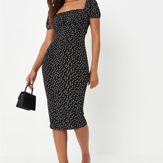 Ruched Bust Milkmaid Midi Dress Polka Black Us Size 2 W6 Fitted Ruched Midi Dress With Square Neck, Black Midi Dress With Ruched Bodice, Black Ruched Knee-length Midi Dress, Black Knee-length Midi Dress With Ruched Bodice, Black Ruched Square Neck Midi Dress, Black Ruched Dress With Short Sleeves, Black Short Sleeve Ruched Dress, Suede Midi Dress, Neon Green Dresses