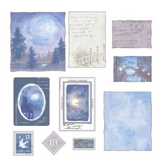 some stamps and postcards are arranged on top of each other, including one with an image of the moon