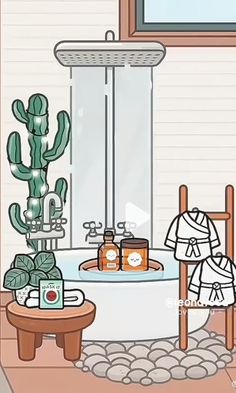 a bathroom with a cactus in the tub and various items on the table next to it