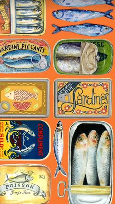 an image of fish in tins with labels on them