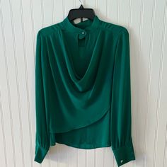 Beautiful Top Bought In Italy. Choker Neck Italian Georgette Fabric With Long Sleeve 3 Button Cuff. The Choker Features A Gold Button Making It Elegant And Easy To Dress It Up With Your Favorite Cocktail Outfit Or With Casual Jeans And Boots. Chic Green Blouse With Buttons, Elegant Green Tops With Button Cuffs, Elegant Green Blouse With Button Cuffs, Elegant Green Button-up Top, Green Formal Blouse With Buttons, Green Buttoned Formal Blouse, Formal Green Blouse With Buttons, Girly Blouse, Button Making