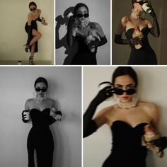 four different photos of women in black dresses and gloves, one with sunglasses on her head