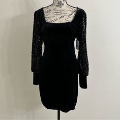 Midnight Doll Black Cocktail Dress Women's Size M-Velvet And Sequin-Stretch Pit To Pit 17 Inches Length 33 Inches Waist 26 Inches Main Aesthetic, Green Bandage Dress, Long Sleeve Denim Dress, Boston Proper Dresses, Blue Bodycon Dress, Burnt Orange Dress, Draped Midi Dresses, Off White Dresses, Seersucker Dress