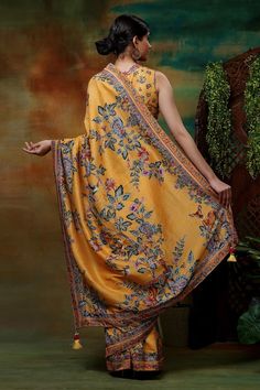 Yellow saree featuring sequin embroidered, deer, tree printed saree with shell tassels. Paired with a  printed scallop blouse. - Aza Fashions Shell Tassels, Scalloped Blouse, Yellow Saree, Printed Saree, Blouse For Women, Fashion App, Saree With Blouse, Printed Sarees, Tree Print