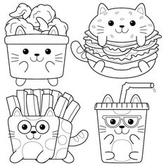 coloring pages for kids with food and drinks in the style of cartoon characters, including cats