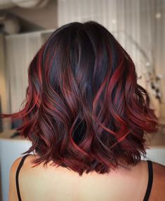 Partial Hair Color Ideas, Red And Black Hair Medium Length, Cherry Red Hair Short, Hair Color With Highlights, Black Hair With Red Highlights, Cherry Brown Hair, Red Highlights In Brown Hair, Color With Highlights, Black Cherry Hair Color