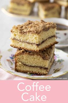 three pieces of coffee cake stacked on top of each other with the words coffee cake below it