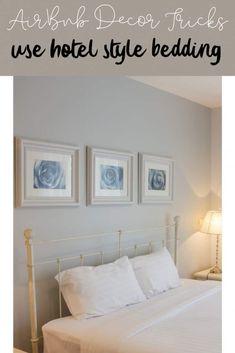 a hotel room with white bedding and pictures on the wall above it that says, how to decorate your hotel style bedroom