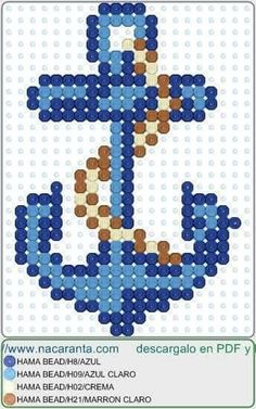 a cross stitch pattern in blue and white with an anchor on the front, surrounded by dots