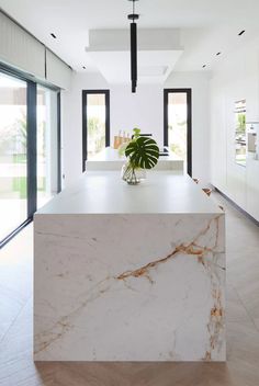 a large white kitchen island with a plant in the center and glass doors leading to an outside patio