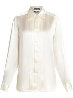 off-white silk charmeuse pintuck detailing straight-point collar front button fastening long sleeves buttoned cuffs curved hem Summer Cruise, Wardrobe Edit, City Dress, Silk Charmeuse, Summer Beach Wear, Exclusive Fashion, White Silk, Beach Summer, Silk Shirt