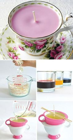 the instructions for making teacup candles are shown in three different pictures, including one with a