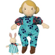 a doll and a stuffed rabbit are on a white background, both wearing blue overalls