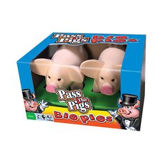 two plastic pigs in top hats and tails are shown inside a box that says pass the pigs